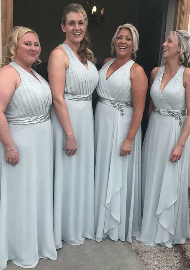 Floor-Length Chiffon Bridesmaid Dress, A-Line/Princess Cut, V-Neck, Sleeveless, With Pleated Waistband BM bride
