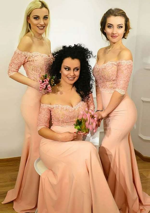 Floor-Length Elastic Satin Bridesmaid Dress, Sheath/Column Shape, Off-The-Shoulder, Half Sleeve, With Lace BM bride