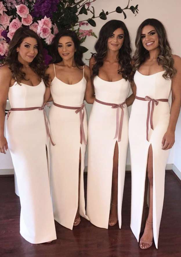 Floor-Length Elastic Satin Bridesmaid Dress, Sheath/Column Style, Scoop Neck, Sleeveless, With Sashes And Split BM bride