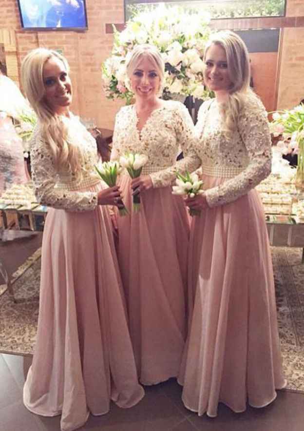 Long/Floor-Length Chiffon Bridesmaid Dress, A-Line/Princess Cut, Scalloped Neck, Full/Long Sleeve, With Beading Lace BM bride