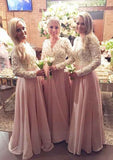 Long/Floor-Length Chiffon Bridesmaid Dress, A-Line/Princess Cut, Scalloped Neck, Full/Long Sleeve, With Beading Lace BM bride