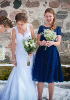 Knee-Length Lace Bridesmaid Dress, A-Line/Princess Cut, Bateau Neck, Short Sleeve BM bride