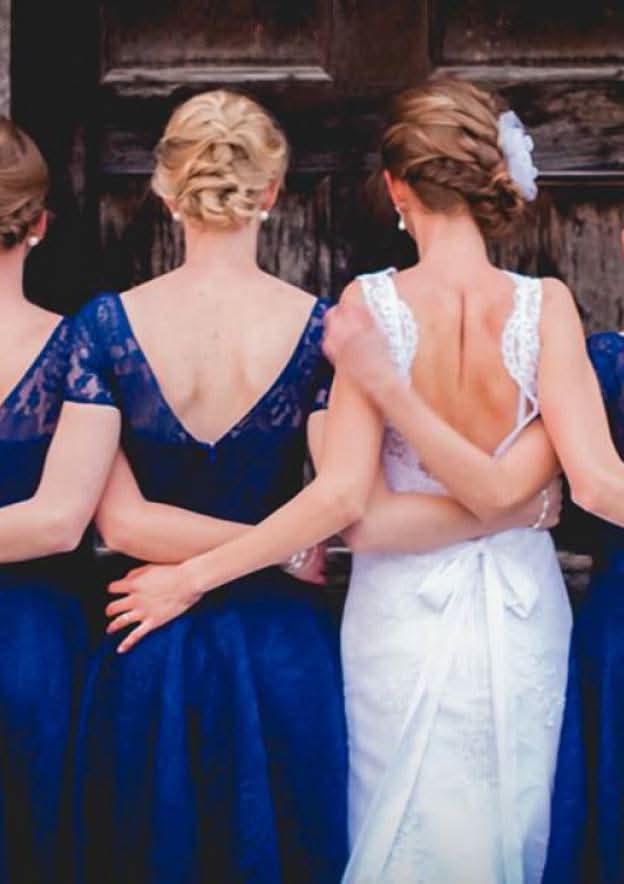 Knee-Length Lace Bridesmaid Dress, A-Line/Princess Cut, Bateau Neck, Short Sleeve BM bride