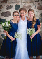 Knee-Length Lace Bridesmaid Dress, A-Line/Princess Cut, Bateau Neck, Short Sleeve BM bride