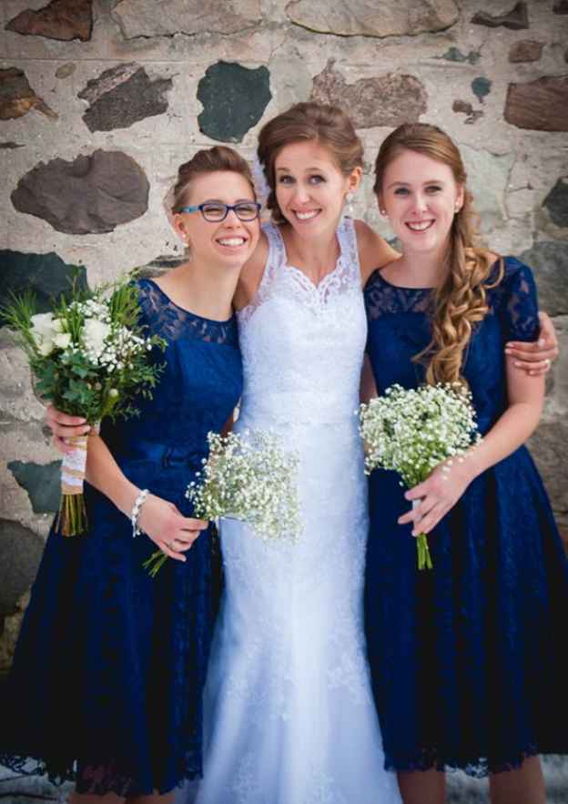 Knee-Length Lace Bridesmaid Dress, A-Line/Princess Cut, Bateau Neck, Short Sleeve BM bride