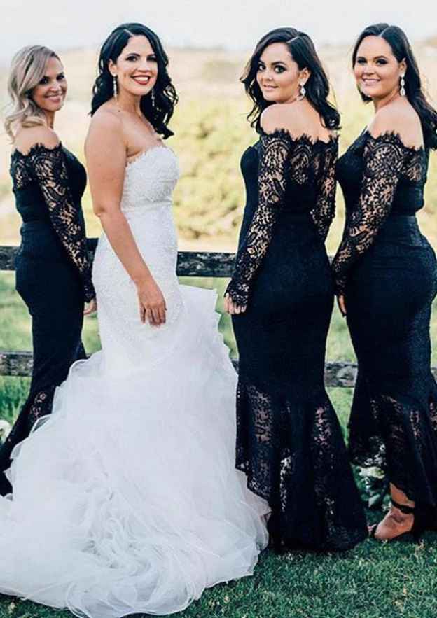Asymmetrical Lace Bridesmaid Dress, Trumpet/Mermaid Shape, Off-The-Shoulder, Full/Long Sleeve BM bride