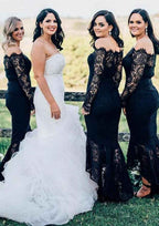 Asymmetrical Lace Bridesmaid Dress, Trumpet/Mermaid Shape, Off-The-Shoulder, Full/Long Sleeve BM bride