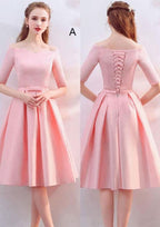Knee-Length Satin Bridesmaid Dress, A-Line/Princess Cut, Off-The-Shoulder, Half Sleeve, With Waistband BM bride