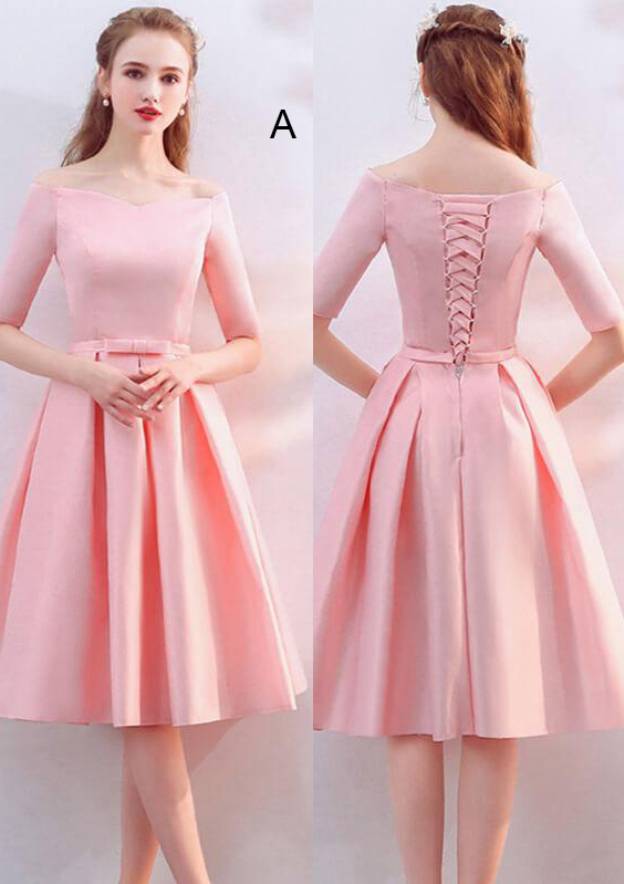 Knee-Length Satin Bridesmaid Dress, A-Line/Princess Cut, Off-The-Shoulder, Half Sleeve, With Waistband BM bride