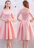 Knee-Length Satin Bridesmaid Dress, A-Line/Princess Cut, Off-The-Shoulder, Half Sleeve, With Waistband BM bride