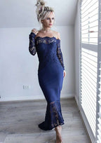 Asymmetrical Lace Bridesmaid Dress, Trumpet/Mermaid Shape, Off-The-Shoulder, Full/Long Sleeve BM bride