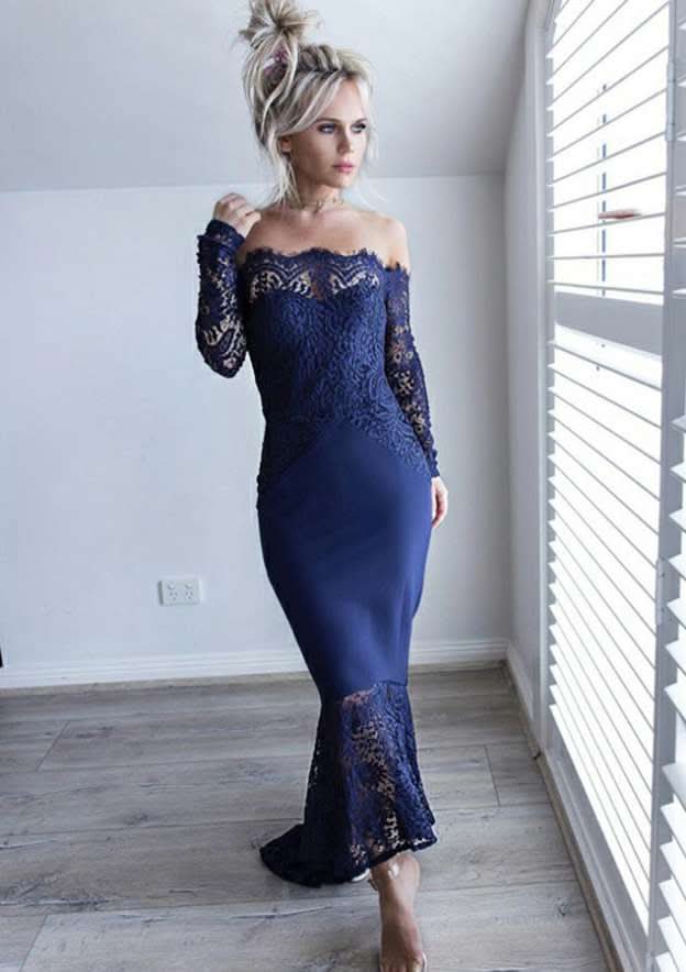 Asymmetrical Lace Bridesmaid Dress, Trumpet/Mermaid Shape, Off-The-Shoulder, Full/Long Sleeve BM bride