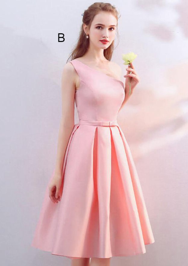 Knee-Length Satin Bridesmaid Dress, A-Line/Princess Cut, Off-The-Shoulder, Half Sleeve, With Waistband BM bride