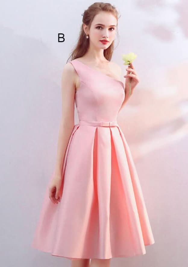 Knee-Length Satin Bridesmaid Dress, A-Line/Princess Cut, Off-The-Shoulder, Half Sleeve, With Waistband BM bride
