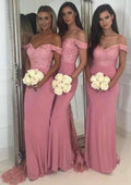 Jersey Bridesmaid Dress, Sheath/Column Shape, Off-The-Shoulder, Sleeveless, Sweep Train, With Lace And Beading BM bride
