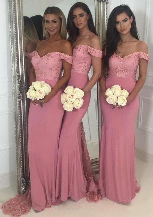 Jersey Bridesmaid Dress, Sheath/Column Shape, Off-The-Shoulder, Sleeveless, Sweep Train, With Lace And Beading BM bride