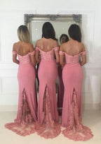 Jersey Bridesmaid Dress, Sheath/Column Shape, Off-The-Shoulder, Sleeveless, Sweep Train, With Lace And Beading BM bride