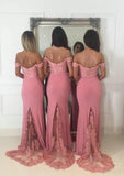 Jersey Bridesmaid Dress, Sheath/Column Shape, Off-The-Shoulder, Sleeveless, Sweep Train, With Lace And Beading BM bride