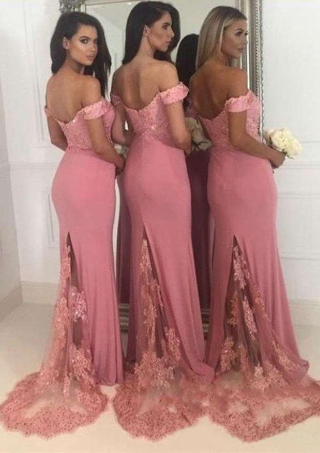 Jersey Bridesmaid Dress, Sheath/Column Shape, Off-The-Shoulder, Sleeveless, Sweep Train, With Lace And Beading BM bride