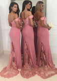 Jersey Bridesmaid Dress, Sheath/Column Shape, Off-The-Shoulder, Sleeveless, Sweep Train, With Lace And Beading BM bride