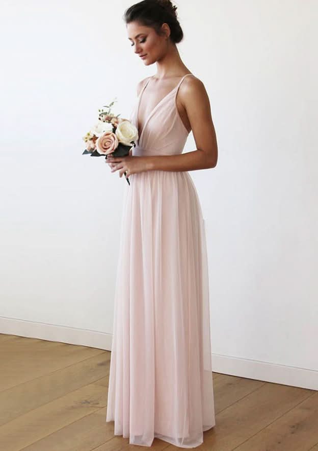 Floor-Length Chiffon Bridesmaid Dress, V-Neck, Sleeveless, Spaghetti Straps, With Pleats BM bride