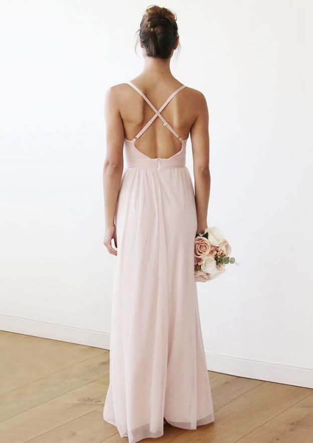 Floor-Length Chiffon Bridesmaid Dress, V-Neck, Sleeveless, Spaghetti Straps, With Pleats BM bride