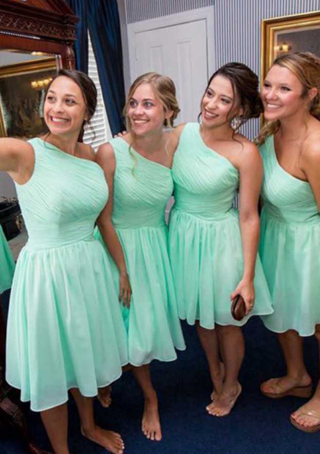 Knee-Length Chiffon Bridesmaid Dress, A-Line/Princess Cut, One-Shoulder, Sleeveless, With Pleats BM bride