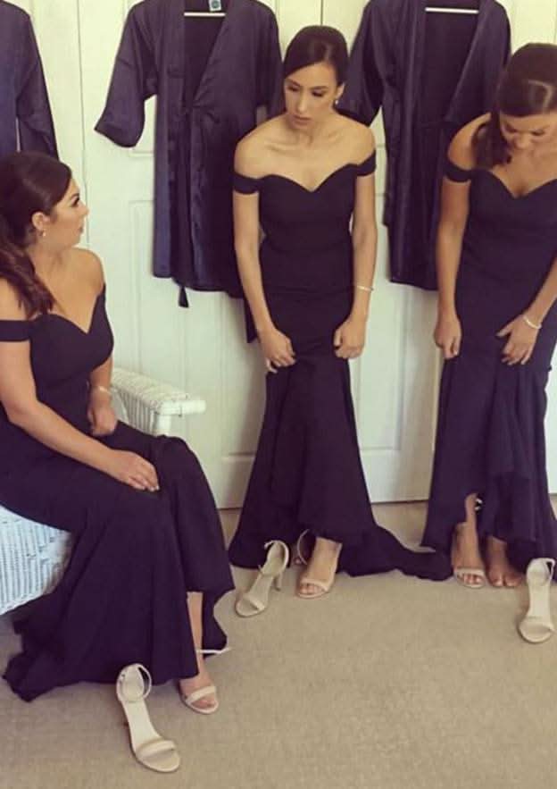 Sheath/Column Elastic Satin Bridesmaid Dress, Off-The-Shoulder, Sleeveless, Sweep Train, With Pleats BM bride
