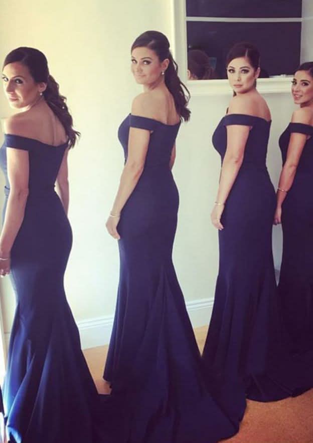 Sheath/Column Elastic Satin Bridesmaid Dress, Off-The-Shoulder, Sleeveless, Sweep Train, With Pleats BM bride