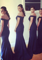 Sheath/Column Elastic Satin Bridesmaid Dress, Off-The-Shoulder, Sleeveless, Sweep Train, With Pleats BM bride