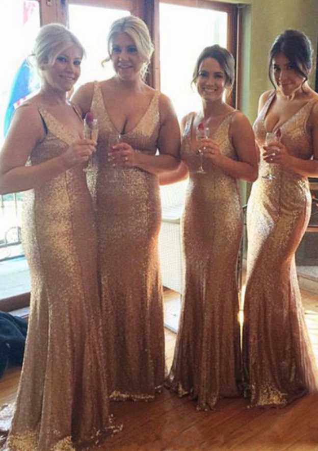 Sheath/Column Sequined Bridesmaid Dress, V-Neck, Sleeveless, Sweep Train, With Pleats BM bride
