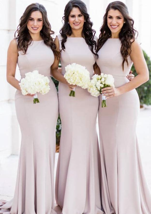 Sheath/Column Bateau Sleeveless Elastic Satin Bridesmaid Dress, Sweep Train With Pleats BM bride