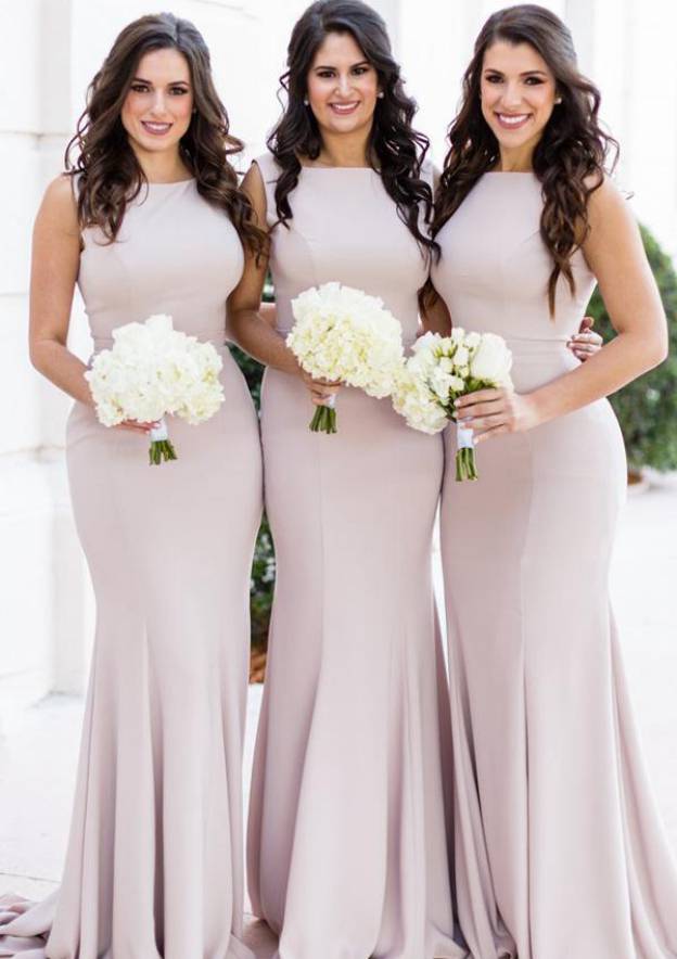 Sheath/Column Bateau Sleeveless Elastic Satin Bridesmaid Dress, Sweep Train With Pleats BM bride