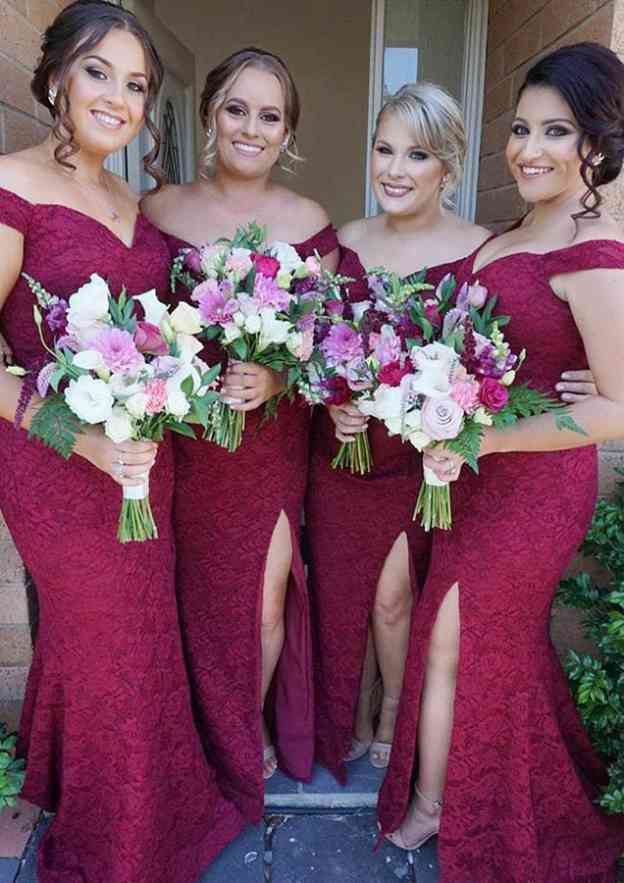 Floor-Length Lace Bridesmaid Dress, Trumpet/Mermaid Shape, Off-The-Shoulder, Sleeveless, With Split BM bride