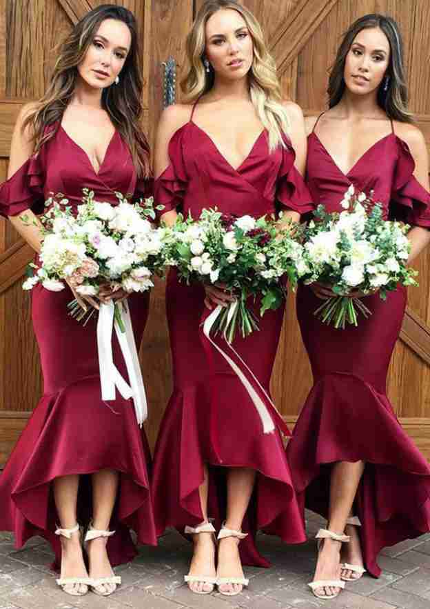 Trumpet/Mermaid V-Neck Sleeveless Asymmetrical Charmeuse Bridesmaid Dress, With Ruffles BM bride