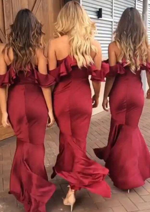 Trumpet/Mermaid V-Neck Sleeveless Asymmetrical Charmeuse Bridesmaid Dress, With Ruffles BM bride