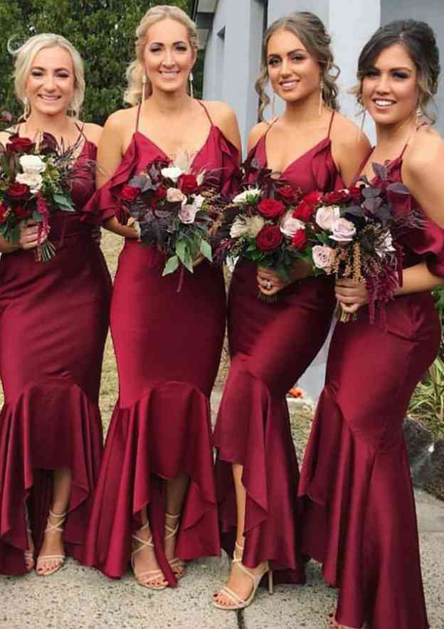 Trumpet/Mermaid V-Neck Sleeveless Asymmetrical Charmeuse Bridesmaid Dress, With Ruffles BM bride