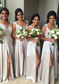 Floor-Length Charmeuse Bridesmaid Dress, A-Line/Princess Cut, Scoop Neck, Sleeveless, With Appliqued And Split BM bride