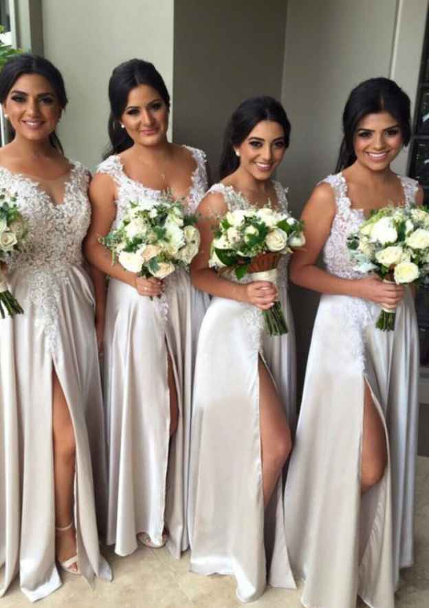 Floor-Length Charmeuse Bridesmaid Dress, A-Line/Princess Cut, Scoop Neck, Sleeveless, With Appliqued And Split BM bride