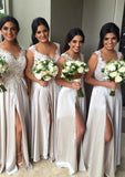 Floor-Length Charmeuse Bridesmaid Dress, A-Line/Princess Cut, Scoop Neck, Sleeveless, With Appliqued And Split BM bride