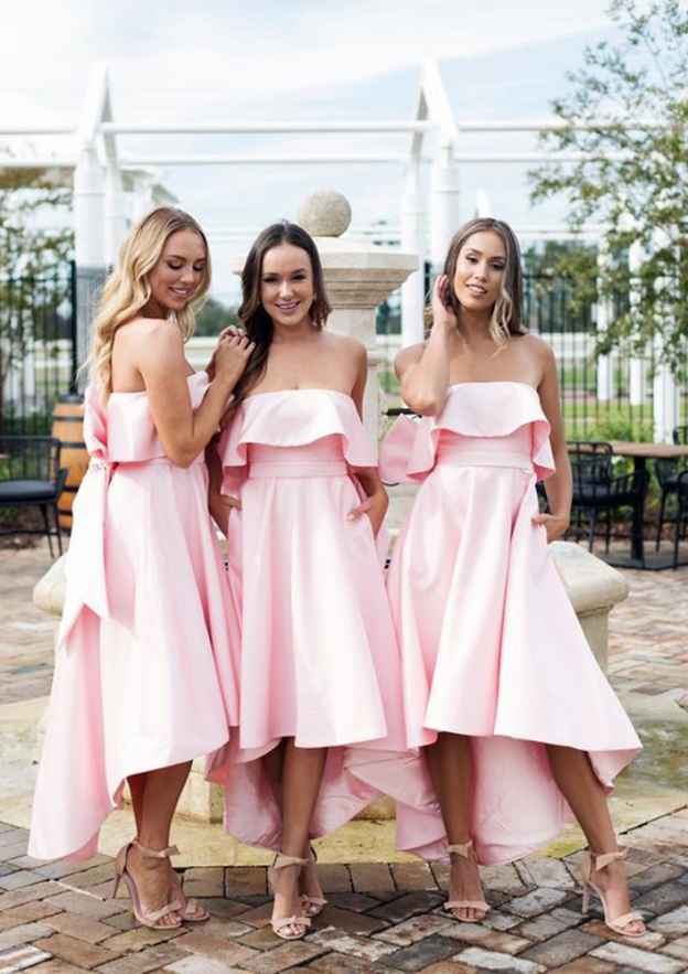Asymmetrical Satin Bridesmaid Dress, A-Line/Princess Cut, Strapless, Sleeveless, With Bowknot Ruffles BM bride