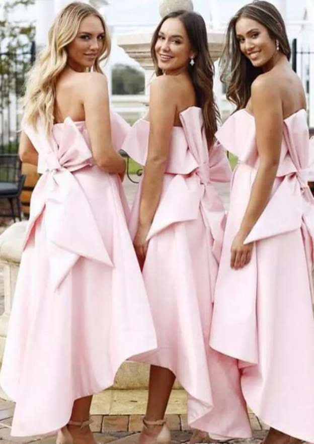 Asymmetrical Satin Bridesmaid Dress, A-Line/Princess Cut, Strapless, Sleeveless, With Bowknot Ruffles BM bride