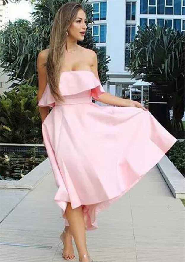 Asymmetrical Satin Bridesmaid Dress, A-Line/Princess Cut, Strapless, Sleeveless, With Bowknot Ruffles BM bride