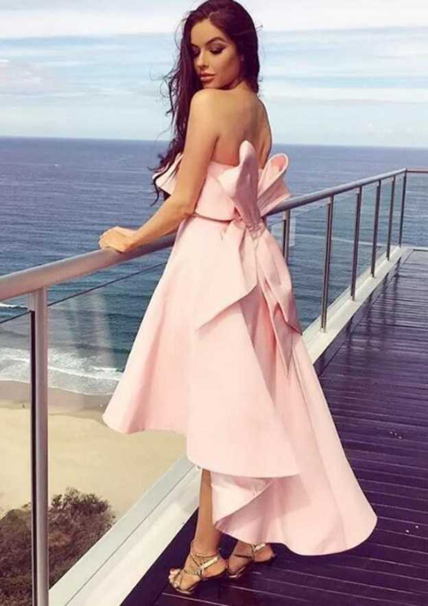 Asymmetrical Satin Bridesmaid Dress, A-Line/Princess Cut, Strapless, Sleeveless, With Bowknot Ruffles BM bride