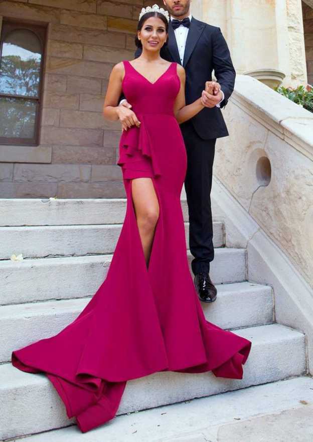 Court Train Elastic Satin Bridesmaid Dress, Sheath/Column Style, V-Neck, Sleeveless, With Split BM bride