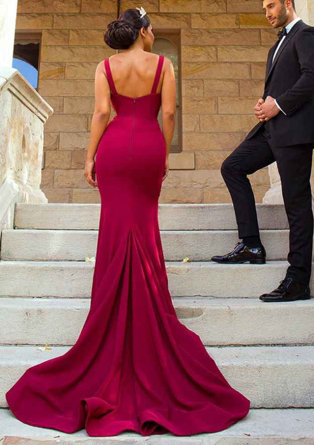 Court Train Elastic Satin Bridesmaid Dress, Sheath/Column Style, V-Neck, Sleeveless, With Split BM bride