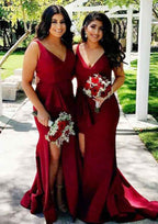 Court Train Elastic Satin Bridesmaid Dress, Sheath/Column Style, V-Neck, Sleeveless, With Split BM bride