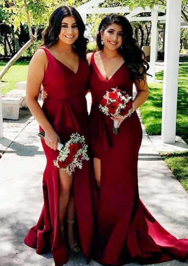 Court Train Elastic Satin Bridesmaid Dress, Sheath/Column Style, V-Neck, Sleeveless, With Split BM bride