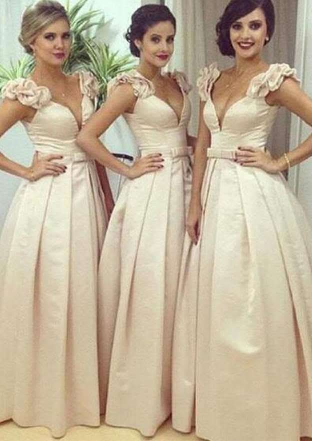 Floor-Length Satin Bridesmaid Dress, A-Line/Princess Cut, V-Neck, Sleeveless, With Pleated Waistband BM bride