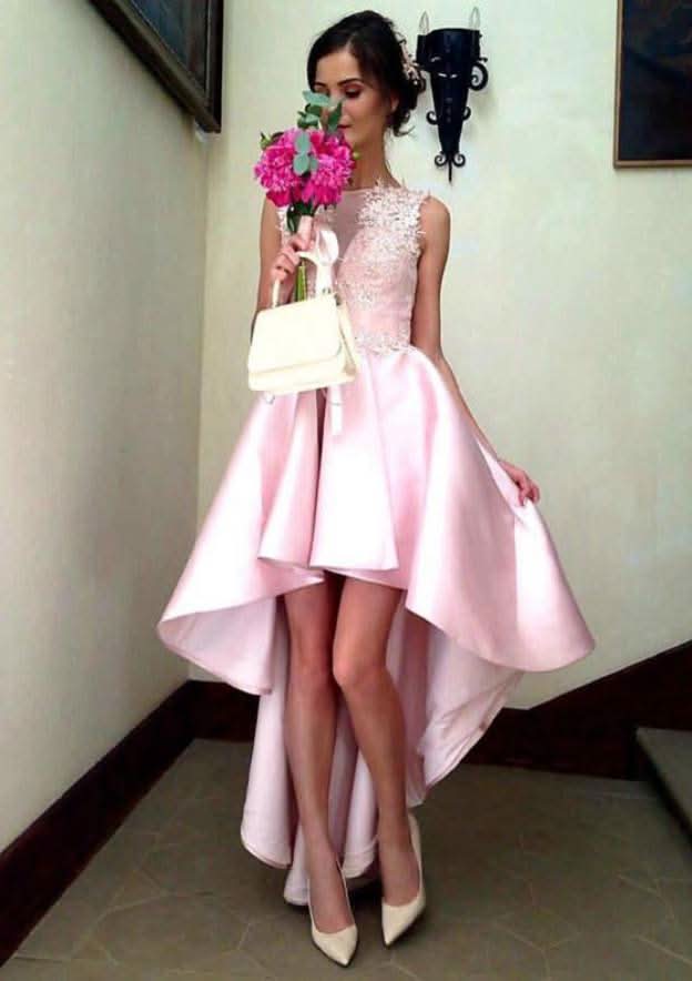 Asymmetrical Satin Prom Dress, A-Line/Princess Cut, Sleeveless, Bateau Neck, With Appliqued BM bride